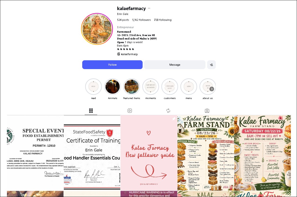Kalae Farmacy Instagram - farm stand in Kea'au HPP